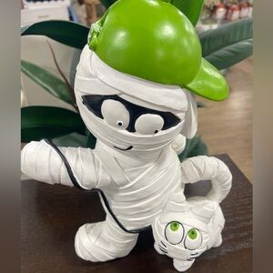 Halloween Mummy in Green Cap Waling Pet Mummy Cat on Leash Resin Figure NWT